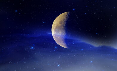 Wall Mural - bright moon on dark starry sky blue cosmic universe nebula background