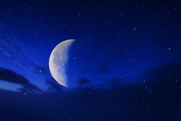 Wall Mural - bright moon on dark starry sky blue cosmic universe nebula background