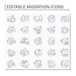 © Antstudio - Migration line icons set. Moving people across borders. Seeking better life standards. Migration concept. Isolated vector illustrations. Editable stroke