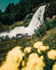 Sticker - Vertical shot of a beautiful waterfall with trees in the background