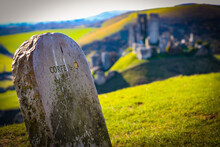 Closeup Of A Rock Showing The Direction To The Corfe Castle In The Isle Of Purbeck, Dorset, England