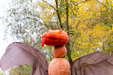 Wall Mural - Beautifulyy decorated pumpkin looking like a dragon for halloween