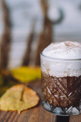 Poster - Closeup of a glass of hot cocoa topped with whipped cream and cinnamon surrounded by autumn leaves