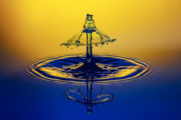 Canvas Print - Close-up shot of a water splash in a blue tone with yellow background