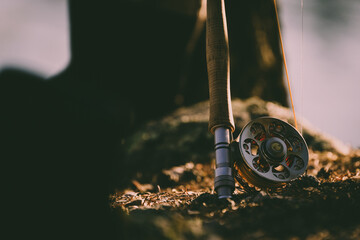 Closeup of a fishing reel and rod in nature