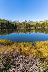 Poster - Vertical shot of a small lake reflecting the trees and mountains