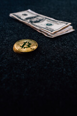 Canvas Print - Bitcoin and dollar bills - the concept of cryptocurrency