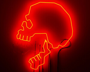 Sticker - Glowing neon red skull with open mouth on a dark background