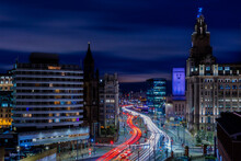 Beautiful View Of The Royal Liver Building With The Traffic Lights Shot In Long Exposure