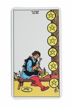 Eight Of Pentacles Isolated On White. Tarot Card