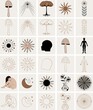 Set of Celestial Icons and Symbols with Sun,Woman,Mushroom,Tree, Human Face and Body Illustration.