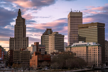 Poster - Urban scenery of modern buildings in a business district at sunset