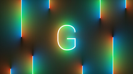 Sticker - Digital illustration of neon colorful lines around an illuminated letter G symbol