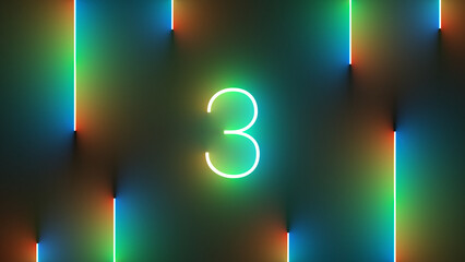 Wall Mural - Illustration of bright number 3 with colorful neon lights