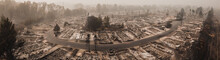 Panoramic View Of A Mobile Home Park Burnt Down After A Wildfire Blowing Through Small Town Usa