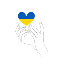 Kobiece Dłonie I Serce Pomalowane W Barwy Ukraińskiej Flagi. Symbol Nadziei I Pokoju. Wsparcie. Ilustracja Wektorowa.