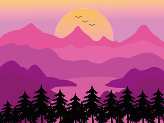 Sticker - Illustration of mountains landscape with sunset and birds in the sky in a pink and purple