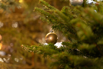 Wall Mural - Close-up shallow focus shot of a golden Christmas ball on a Christmas tree on a blurred background