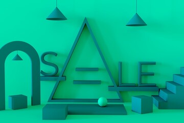 Wall Mural - home or architecture type sale 3d render concept. green background with empty podium for display. 