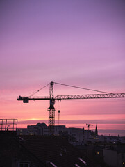 Poster - Vertical shot of a construction crane in the background of buildings in the sunset.