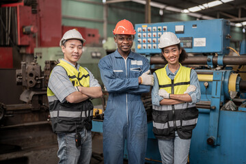 Group of Diversity factory worker people standing when success the project and celebrating together in local warehouse, asian, white caucasian and asian people in heavy machine at industry factory.