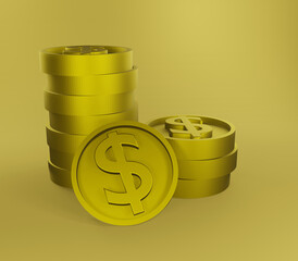 Wall Mural - 3D rendering of a stack of golden dollar coins on a yellow background