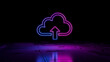 © RocknRoller Studios - Pink and Blue Data storage Technology Concept with cloud upload symbol as a neon light. Vibrant colored icon, on a black background with high tech floor. 3D Render