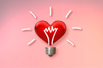 Wall Mural - Light bulb icon on red heart. Love, care, sharing, giving, wellbeing, inspiration, and idea concepts.