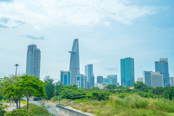 Beautiful landscape of Ho Chi Minh city or Sai Gon, Vietnam. Bitexco Financial Tower and skyscraper buildings. Business and landscape concept.