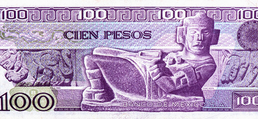 Poster - Chac Mool statue, Portrait from Mexico.100 Pesos 1982 Banknotes.