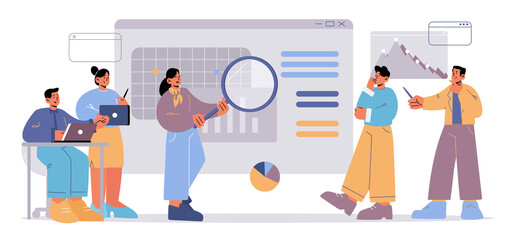 Wall Mural - team of people work with seo analytic data. concept of business analysis of search engine optimizati