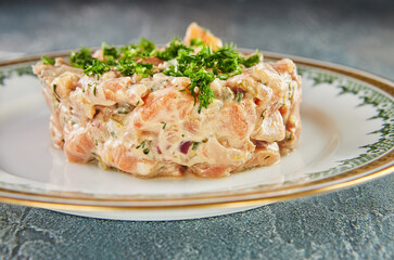 Canvas Print - Amazing fresh and smoked salmon tartare. French gourmet food