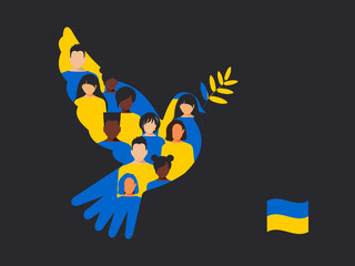 People from different countries support Ukraine and believe in victory. Horizontal poster with a dove of peace on a black background. Peace to Ukraine. 