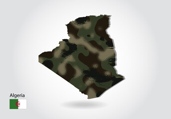 Canvas Print - algeria map with camouflage pattern, Forest / green texture in map. Military concept for army, soldier and war. coat of arms, flag.