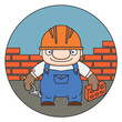 Cheerful bricklayer is building a house