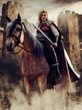 Fantasy Female Knight With A Sword Sitting On A Horse, In Front Of A Medieval Castle. 3D Render - The Woman In The Image Is A 3D Object. 