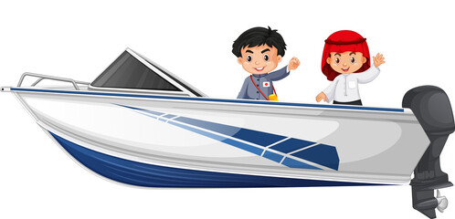 Wall Mural - Boy and girl standing on a speed boat on a white background