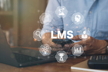 businessman using a phone to lms - learning management system web icon for lesson and online educati