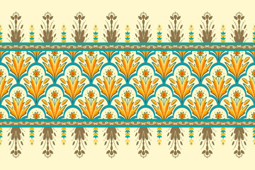 Wall Mural - Yellow Flower on Ivory, Green Teal Geometric ethnic oriental pattern traditional Design for background,carpet,wallpaper,clothing,wrapping,Batik,fabric, illustration embroidery style