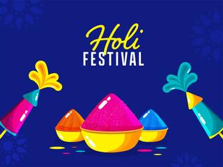 Sticker - Indian festival of colours, Happy Holi Concept, shiny dry colours(gulal) golden pots, and colourguns(pichkari) against blue colour background.