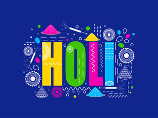 Sticker - Colorful Holi Font With Doodle Mandala Pattern, Water Guns (Pichkari), Powder (Gulal) And Laddu Plates Decorated On Blue Background.