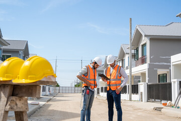 Poster - Architect and engineers to discuss ideas in building site,Engineering construction teamwork concept.