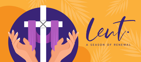 Wall Mural - lent, a season of renewal - big hands hold care lent cross crucifix has a bandage in circle on yellow plam leaves texture background vector design