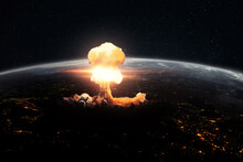World War III. Atomic Explosion On Planet Earth, View From Space. Air Strike Missiles. Bomb Blast. Hydrogen Bomb. Nuclear Mushroom