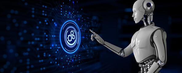 Gears Business industrial process workflow robotic automation RPA. Robot pressing button on screen 3d render.
