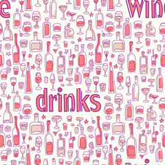 Wall Mural - Wine and drinks seamless vector pattern. line art Wine bottle and wine glass vector illustration. Drink wine bar tile background