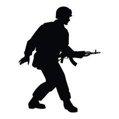 Wall Mural - Soldier with rifle gun in war silhouette vector, military man in the battle.