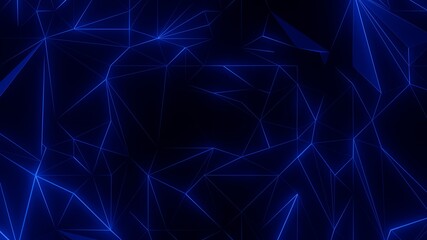 Wall Mural - abstract futuristic background with neon blue net. dark crystal structure. 3d geometric pulsing patt