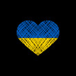Serce pomalowane w barwy Ukraińskiej flagi na czarnym tle. Wsparcie dla Ukrainy. Ilustracja wektorowa.