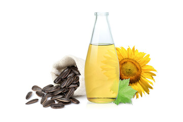 Sticker - Sunflower seed oil with seeds and flower isolated on white background.